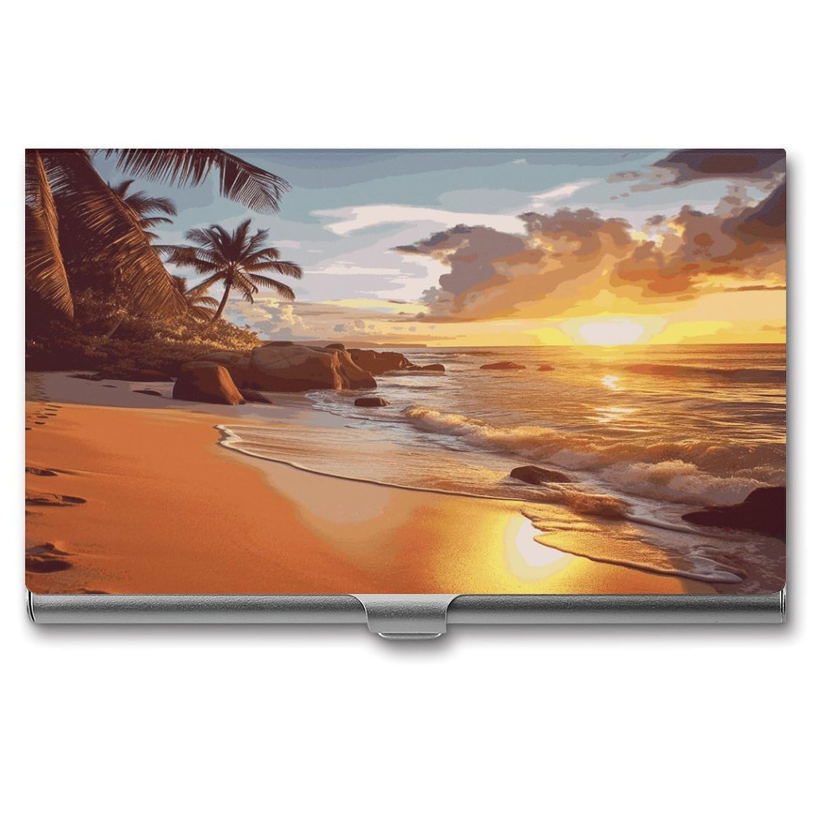 LDGSUPH Tropical Beach at Sunset Business Card Holder Fashion Slim Name Card Holder Minimalist Design Case Metal Card Carrier Personalized Business Card Case with Flip for Men Women