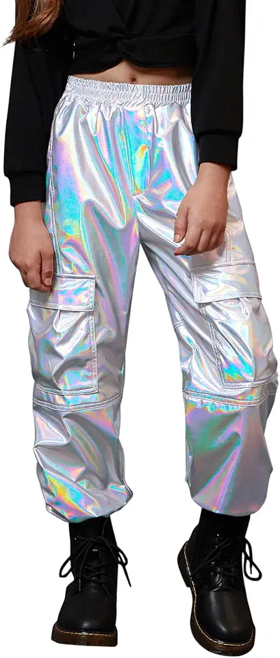Perfashion Metallic Cargo Pants for Girls & Womens Hip Hop Dance Multi-Pocket Joggers High Waist Pants 6-15Y