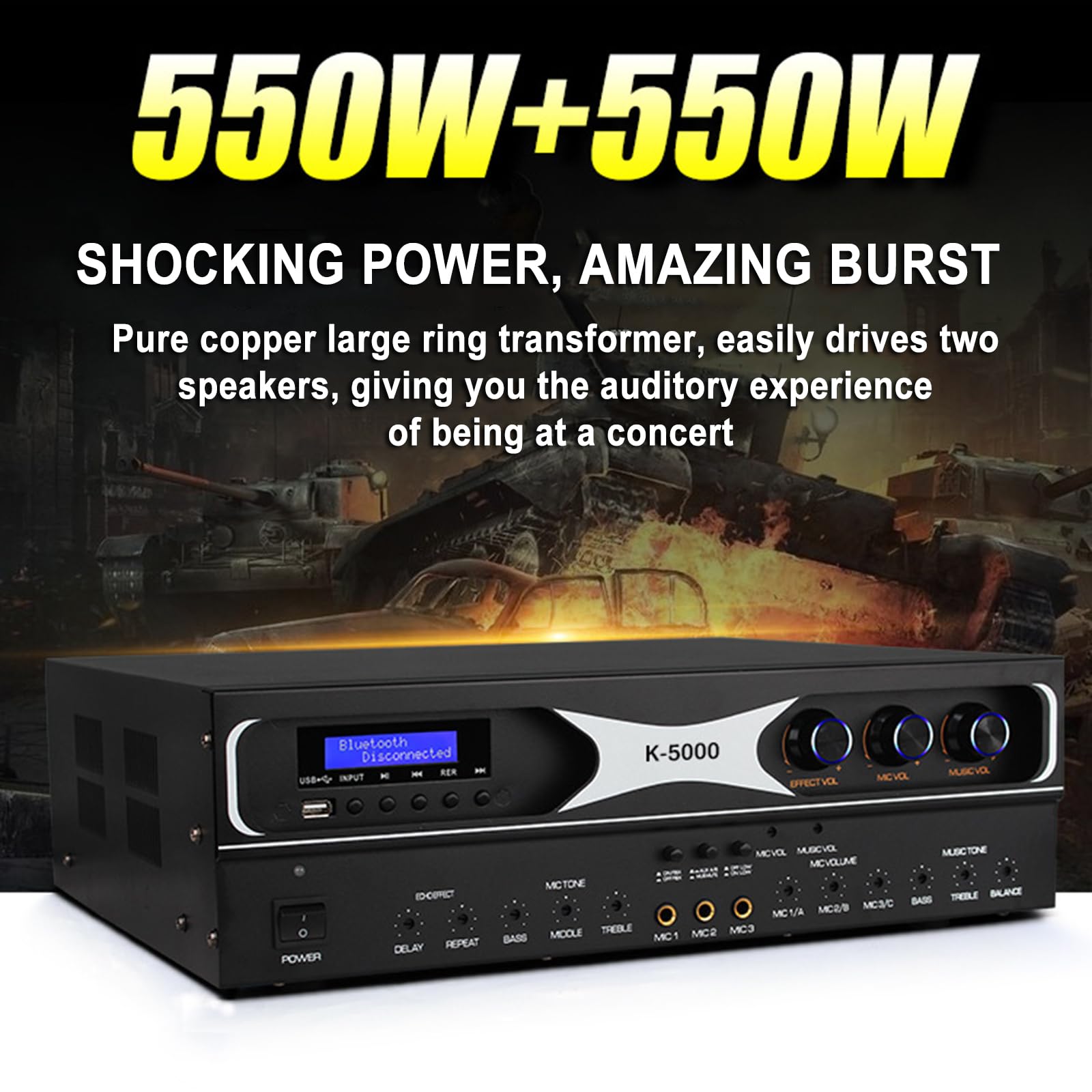 Amplificatore di potenza a doppio canale, uscita 550W*2, anti-ulula, USB/Bluetooth, ideale per KTV e sistemi audio domestici