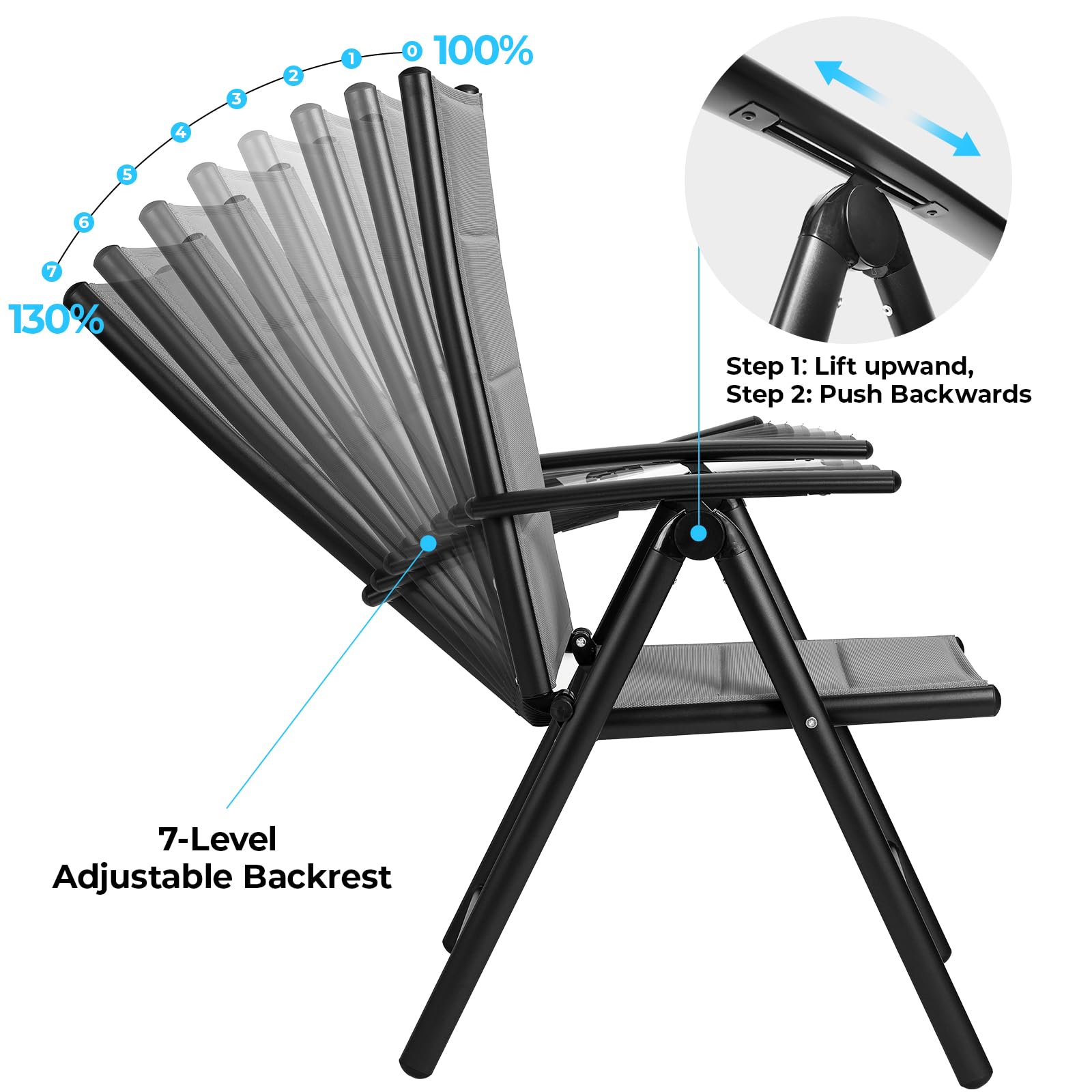 LIFERUN Juego de 4 sillas de jardín con respaldo alto, plegable, silla de balcón de aluminio, hasta 120 kg, con respaldo y asiento acolchados, 7 posiciones, silla de comedor para exteriores, con