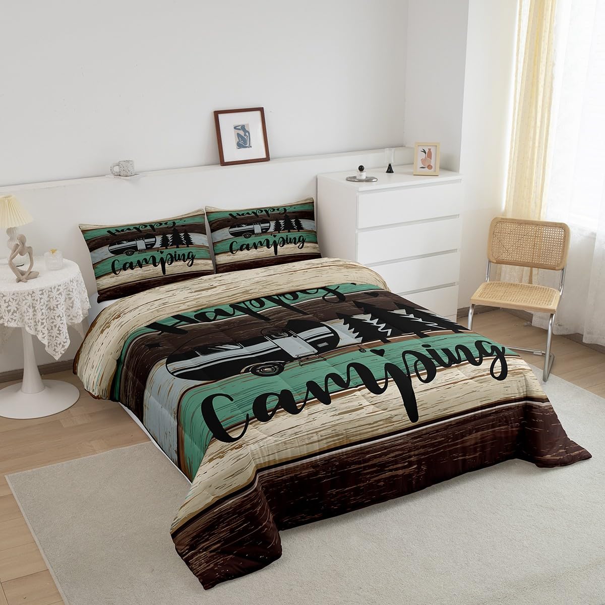Camping Rustic Comforter Set King Size 3 Pcs Wild Trees Cartoon RV Decor Comforter for Kids Teens Adults Retro Green Brown Stripes Western Style Bedding Set with 2 Pillowcases+1 Comforter