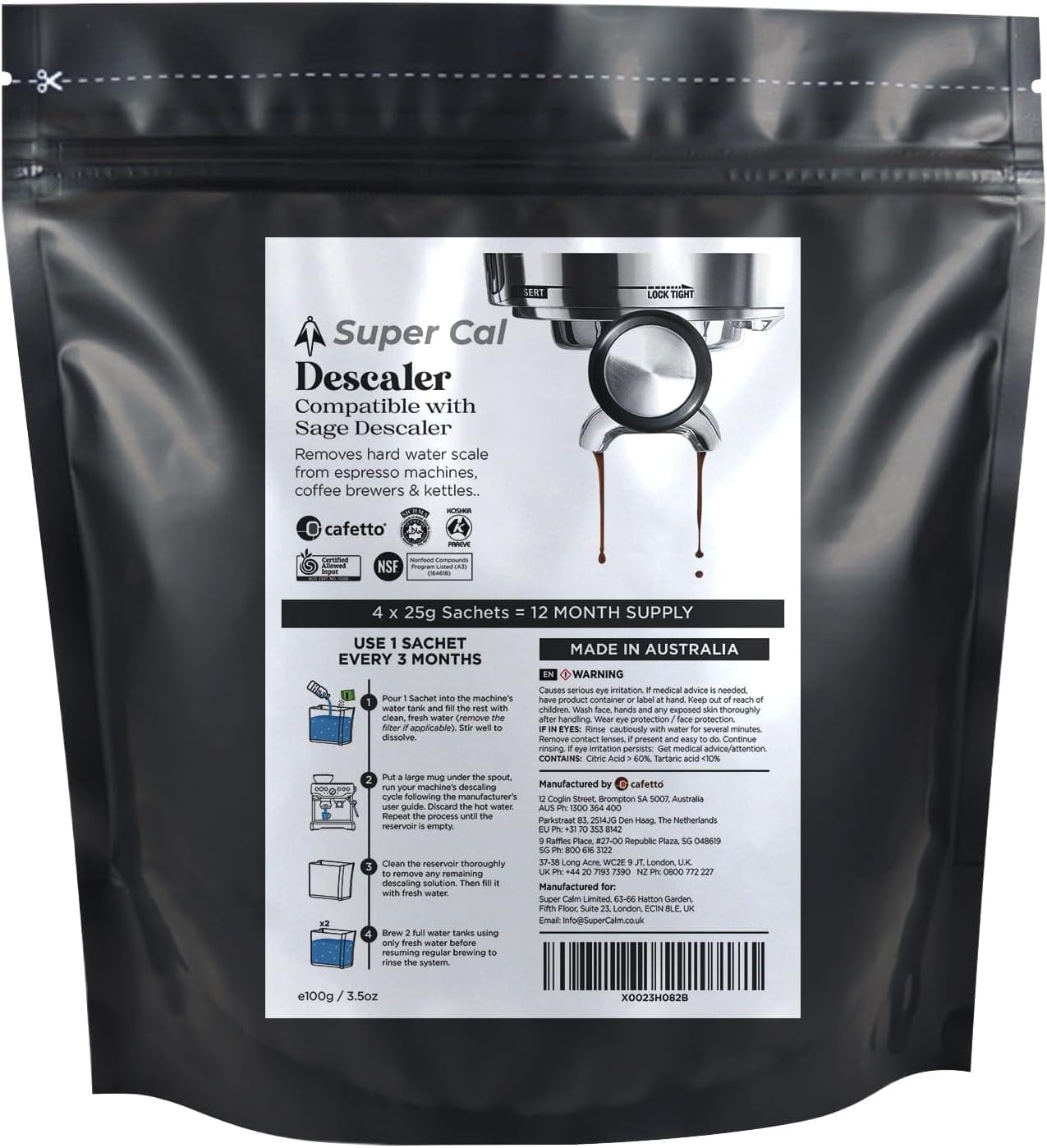 Sage Entkalker Kaffeevollautomat & Kaffeemaschine - NSF & ACO zertifiziert – 4×25g Entkalkungspulver 12 Monate Vorrat – hergestellt von Cafetto Hersteller der Sage Produkte Sage Descaler by Super Cal