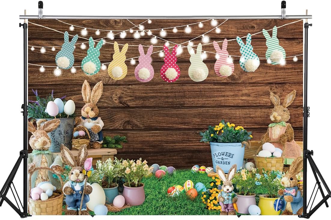 Easter Backdrop for Photography 10x8FT Spring Green Grass Flower Rabbit Egg Wooden Wall Background Easter Kids Newborn Portrait Photo Props