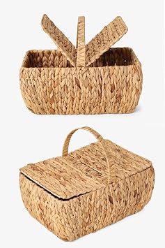 Deconox Handmade Water Hyacinth Large Size Wire Mesh Picnic Basket with Lid Rectangular - 46X30cm - 20-36cm