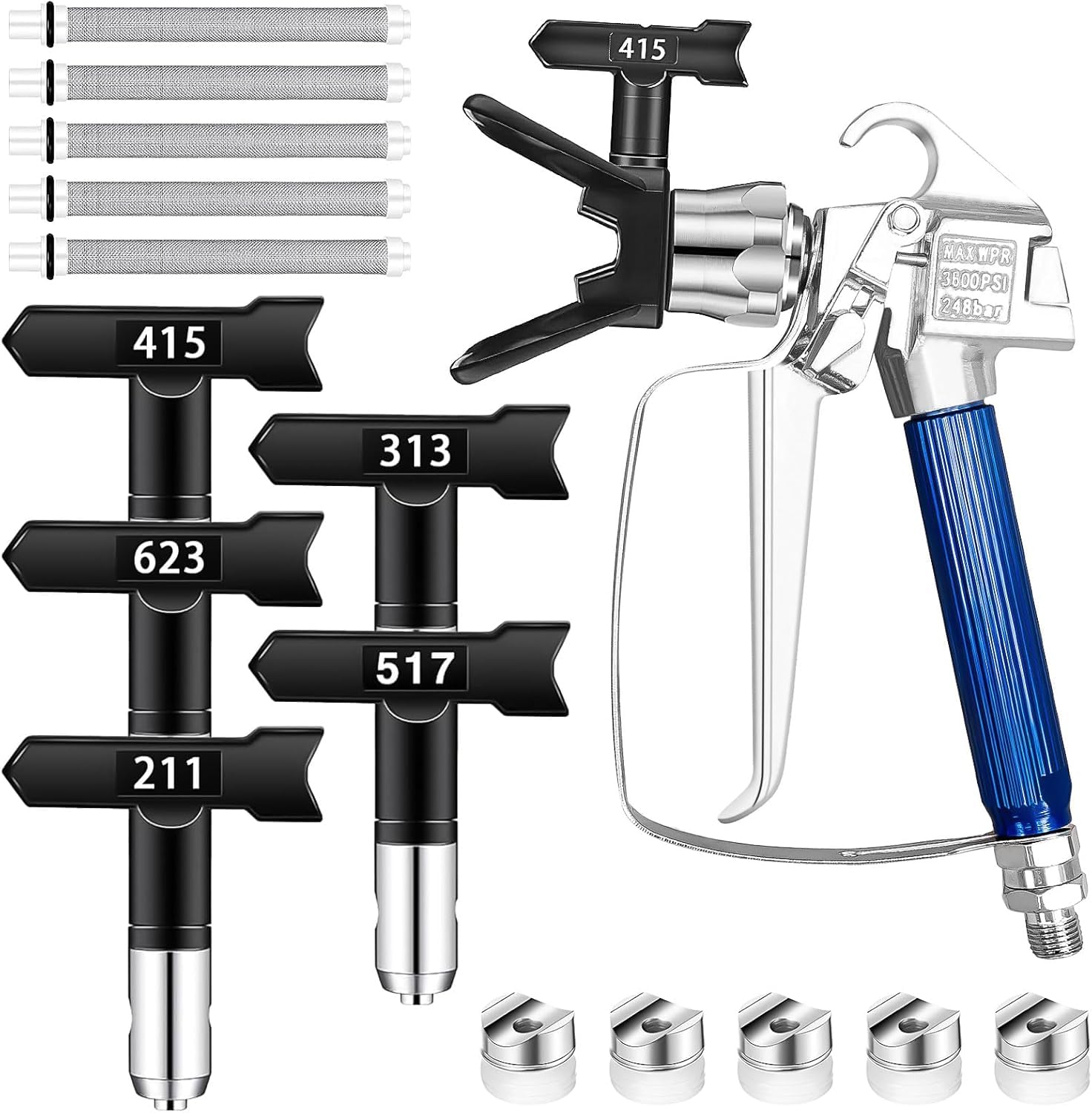 12 Stück Airless-Farbspritzpistole mit Düsenschutz, 5 Sprühspitzen und 5 Airless Farbspritzpistolenfilter für Airless-Spritzmaschinen, Farbzubehör (211, 313, 415, 517, 623)