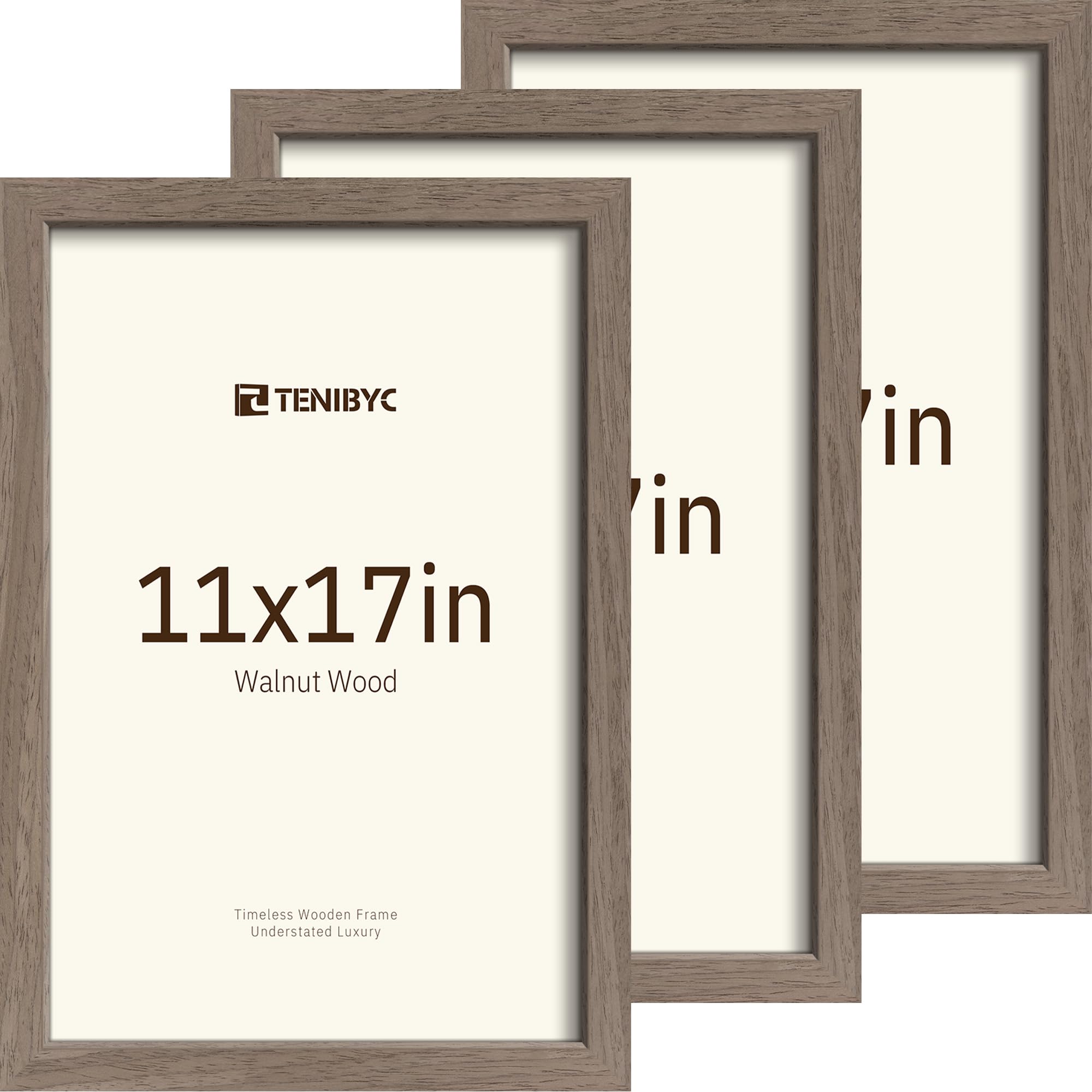 TENIBYC 11x17 Picture Frame Walnut Wood 3 Pack with Glass