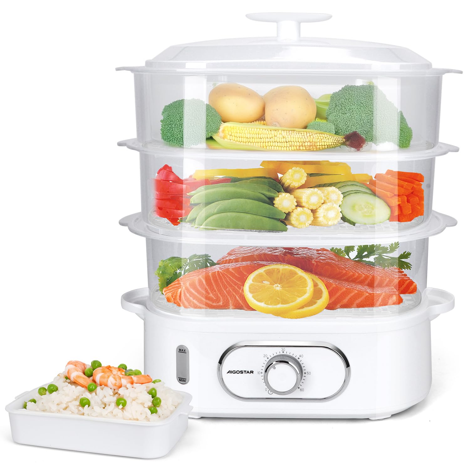 Aigostar Vaporera Eléctrica 12L, Vaporera con 3 Recipientes Apilables, Soporte Para Cocinar Huevos, Temporizador 60 Minutos, Recipiente Para Cocinar arroz, Sin BPA, 900 W