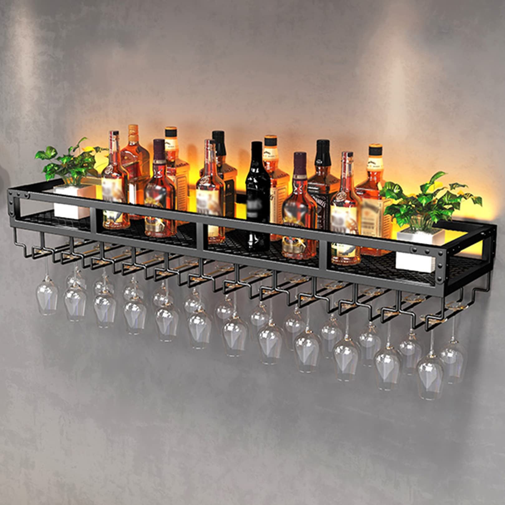 Étagère murale industrielle en métal avec porte-verres pour bar