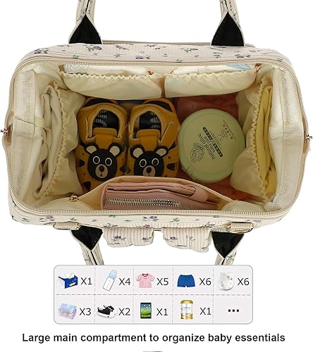 Miniatura 5 de Pañalera de pana para bebés, niñas y niños, bolsas de pañales grandes para mamá (pana beige floral morado)