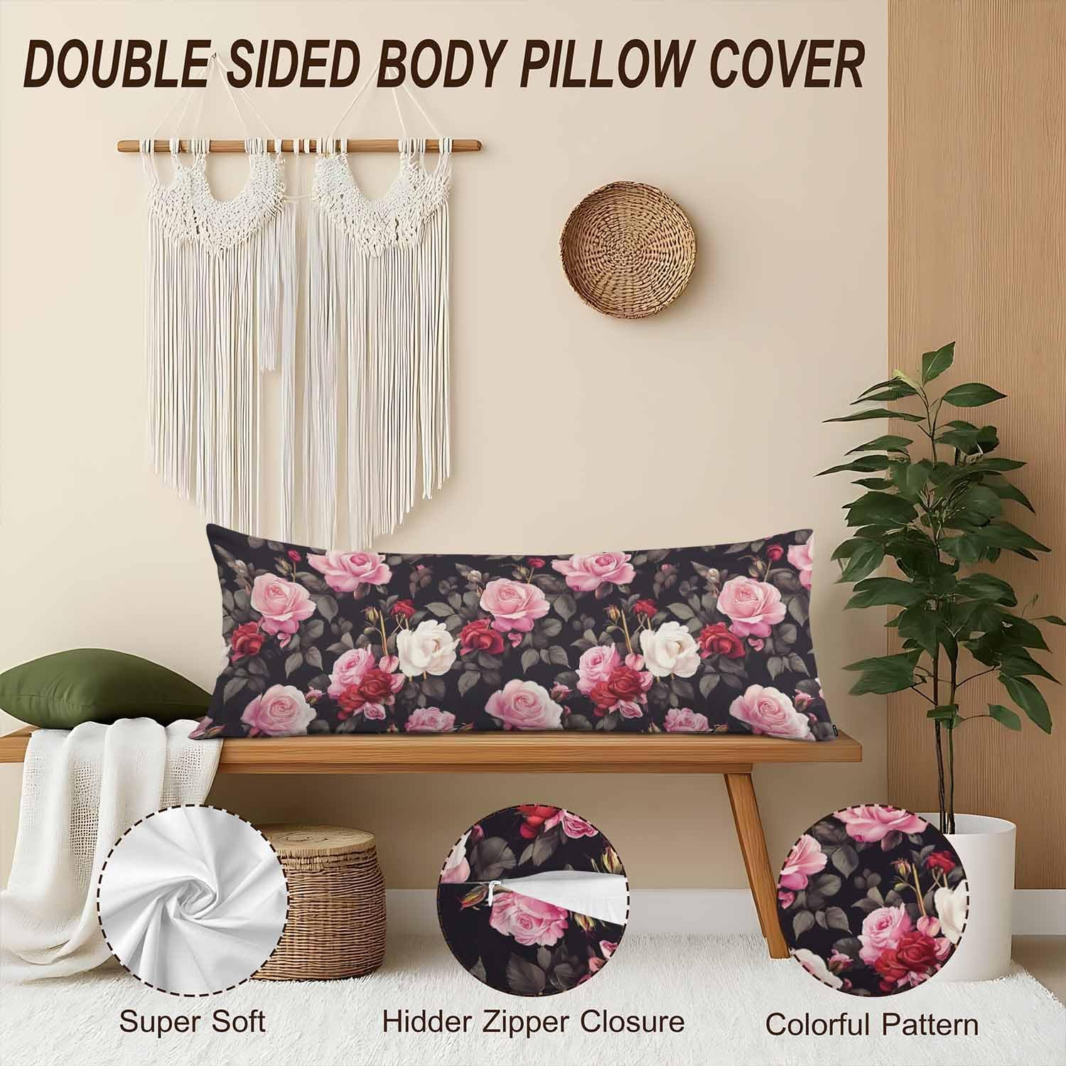 Outdoor Pillows Body Pillow Cover Rose Lumbar Body Pillow Case Protector Blossom Roses Body Cushion Covers Bed Body Pillowcases for Bedroom Couch Sofa 20"X54", Red Black