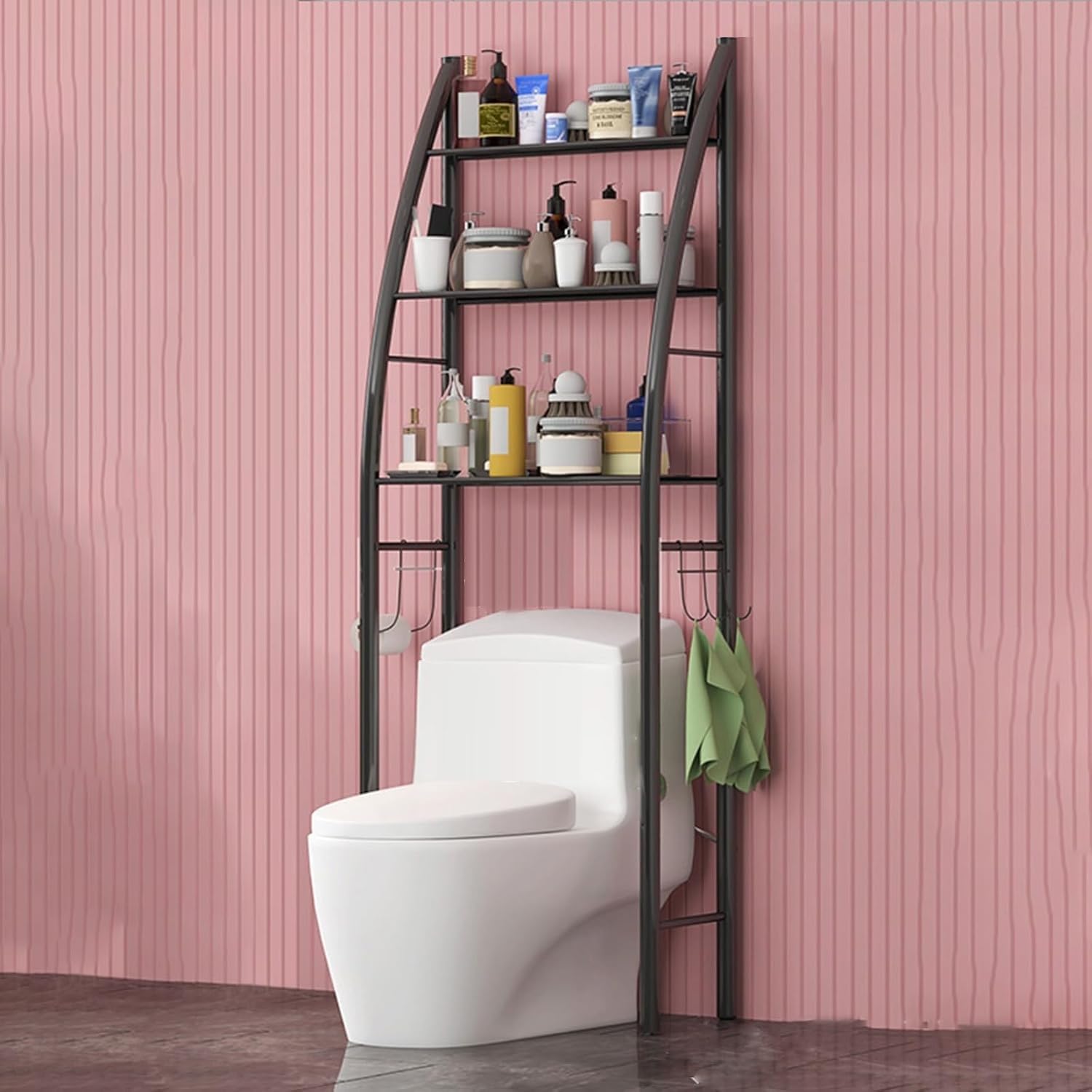 Estantería sobre Inodoro WC Armario para Cuarto de Baño, Colada Ahorra Espacio Estante Almacenamiento, Color Negro, 166x47x25cm