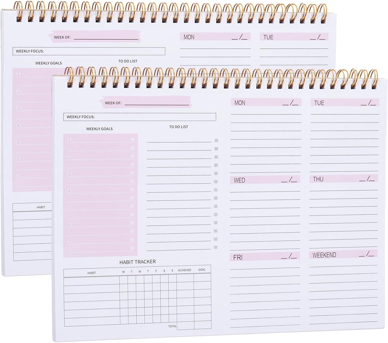 PATIKIL Undated Weekly Planner, 2 Pcs B5 10 x 8 Inches 53 Sheets Weekly to Do List Planner Daily Goals Notebook with Spiral Binding Habit Tracker, Pink 1