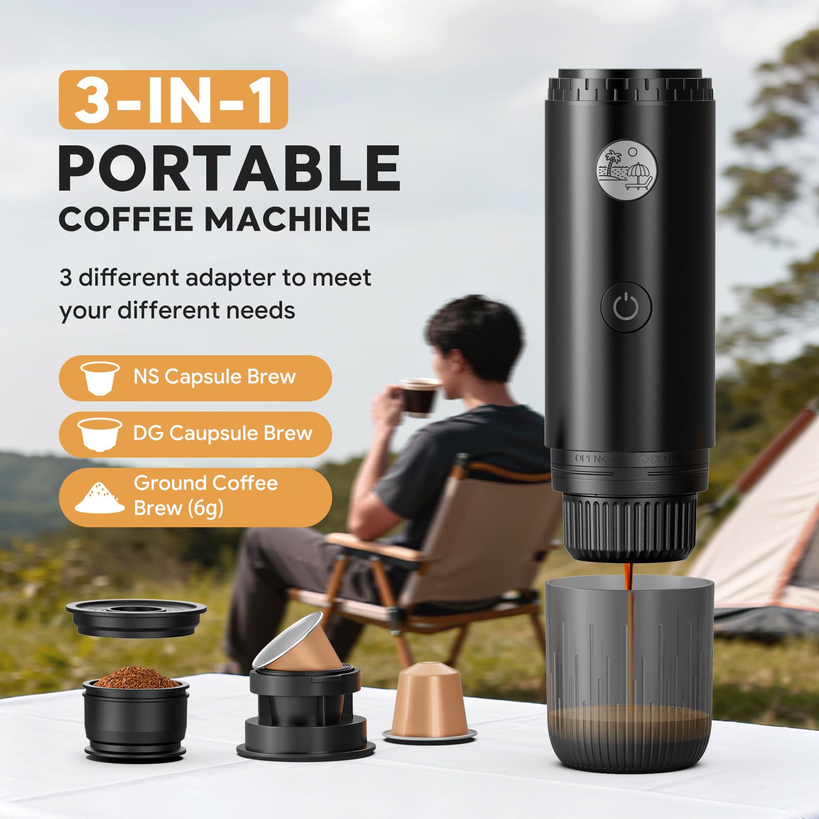 RECAFIMIL Machine à café portable 3 en 1, machine à expresso portable 19 bars avec chauffage automatique, compatible avec les capsules NS et DG et le café moulu pour le camping, les voyages et la mais