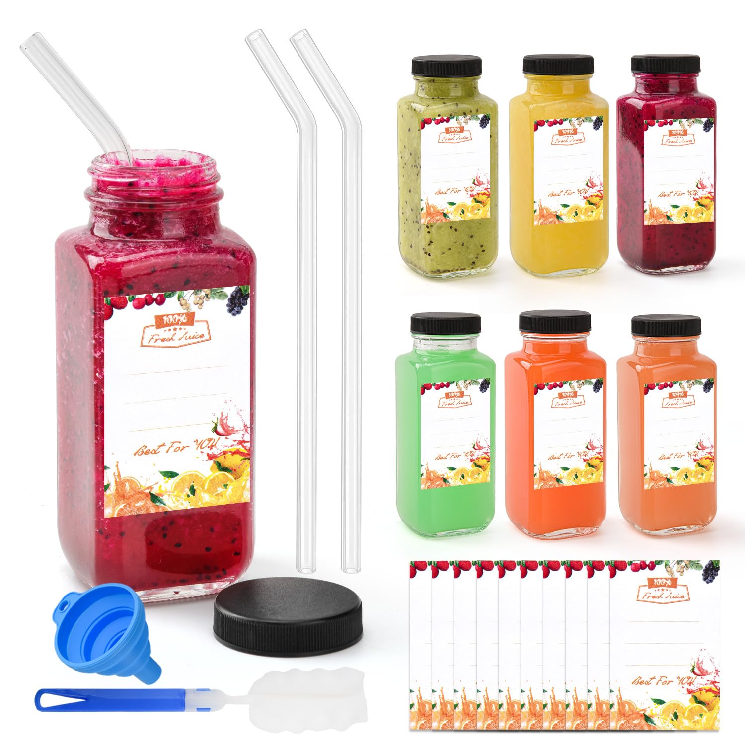 V·Colokishi 6 Pack 8 oz 250ml Glass Juice Bottles with Lids, Reusable Juice Containers Drinking Jars Small Glass Bottles with for Smoothie, Juicer Shots, Milk, Water, Kombucha, School, Outdoor
