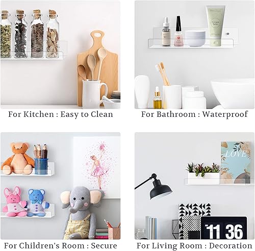 Miniatura 6 de Mocoosy Paquete de 2 estantes flotantes de acrílico transparente de 10 pulgadas, estante invisible montado en la pared con agujero para cable,