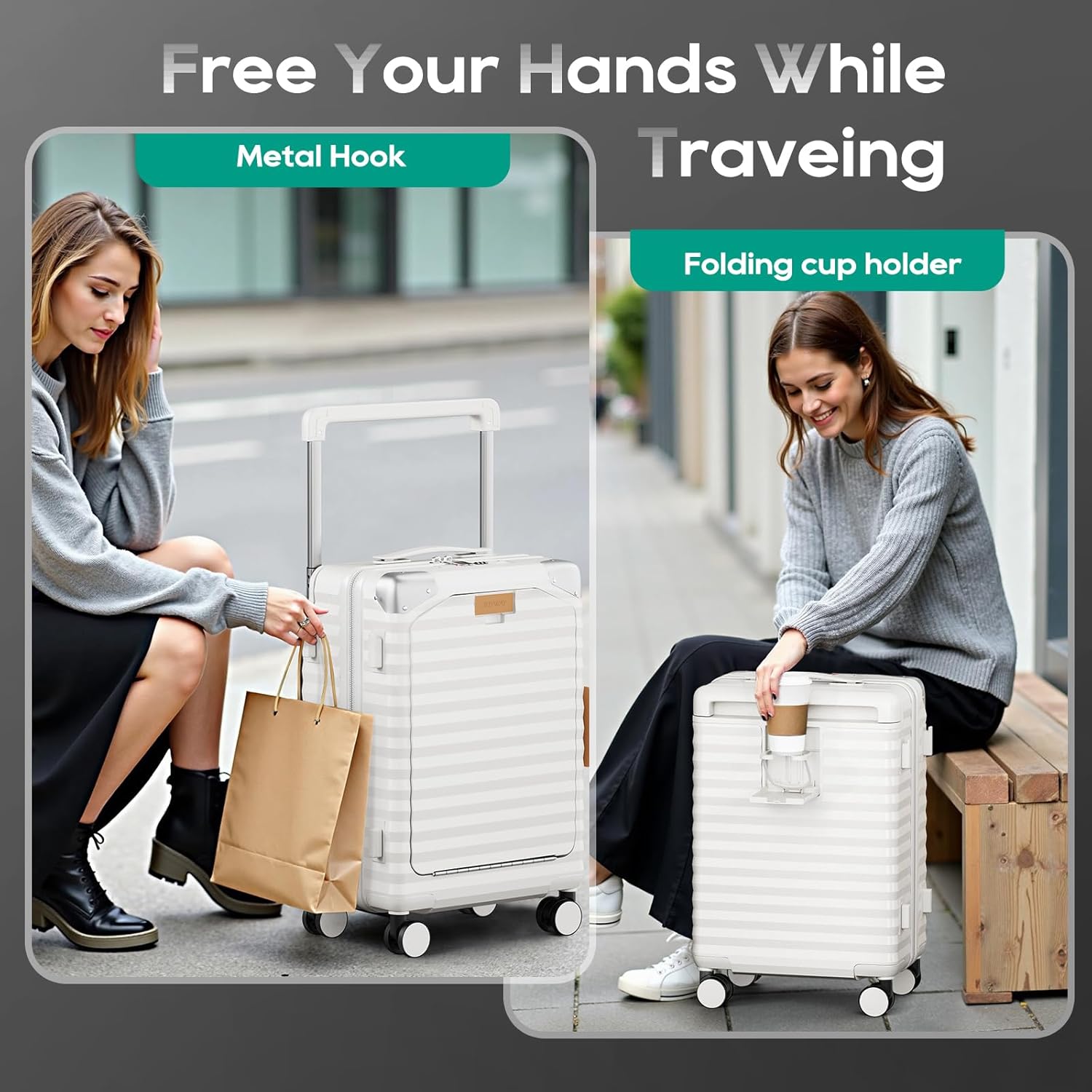 Joyway 20 Inch Carry on Luggage with Front Pocket, PC Hardshell Carry-on Suitcase with USB Port and Cup Holder, 21.5x14.2x9 Airline Approved, Luggage with Spinner Wheels and TSA Lock (White) - Image 3