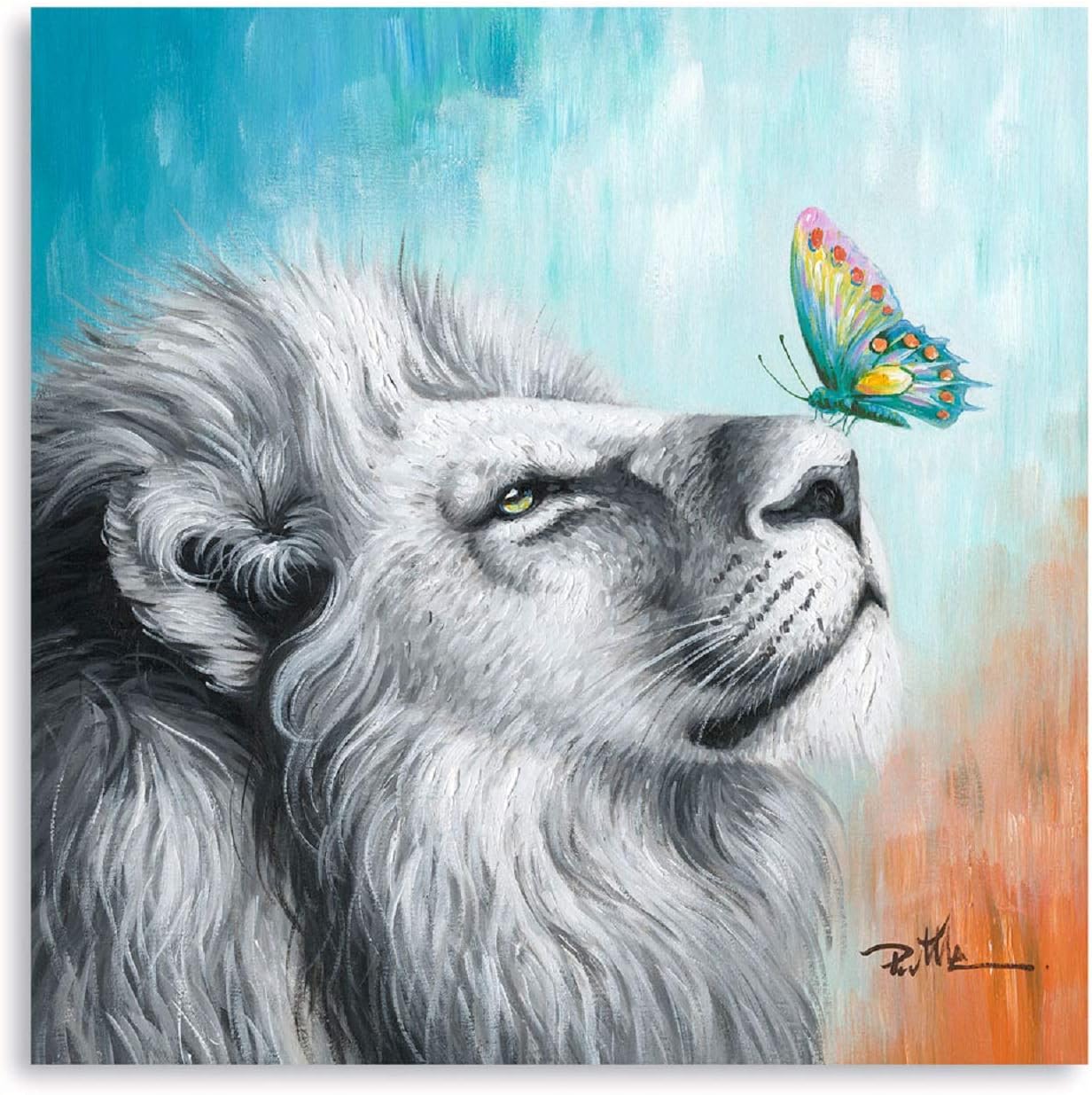 Yidepot Colorful Lion Butterfly Wall Art: White Lion Playing with a cute Butterfly Picture for Kids' Bedroom Bathroom Wall Decor 30x30CM