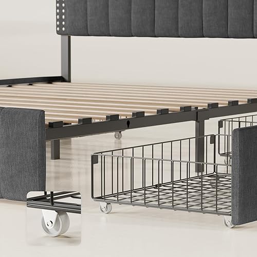 Miniatura 22 de Gizoon Base de cama tamaño Queen tapizada con 4 cajones de almacenamiento, cabecero ajustable, sin ruido, soporte de listones de madera, se adapta a
