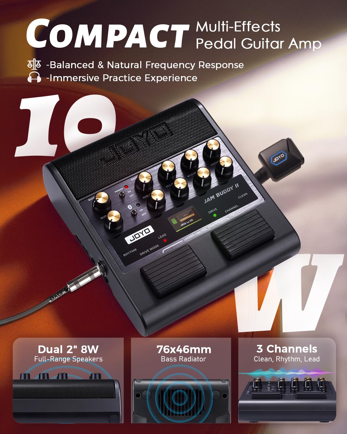 JOYO Amplificatore Combo Chitarra 10W Portatile con Pedale Multieffetti - 14 Modelli di Amplificatore, EQ 3 Bande, 36 Ritmi & Looper, Registrazione OTG, Bluetooth (Jam Buddy II, Nero)