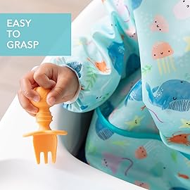 Bumkins Baby Utensils Set, Chewtensils Silicone Spoons for Dipping, Self-Feeding, Baby Led Weaning, Trainer Learning, First Stage Eating, Soft Practice Fork and Spoon, Babies 6 Months, Tangerine