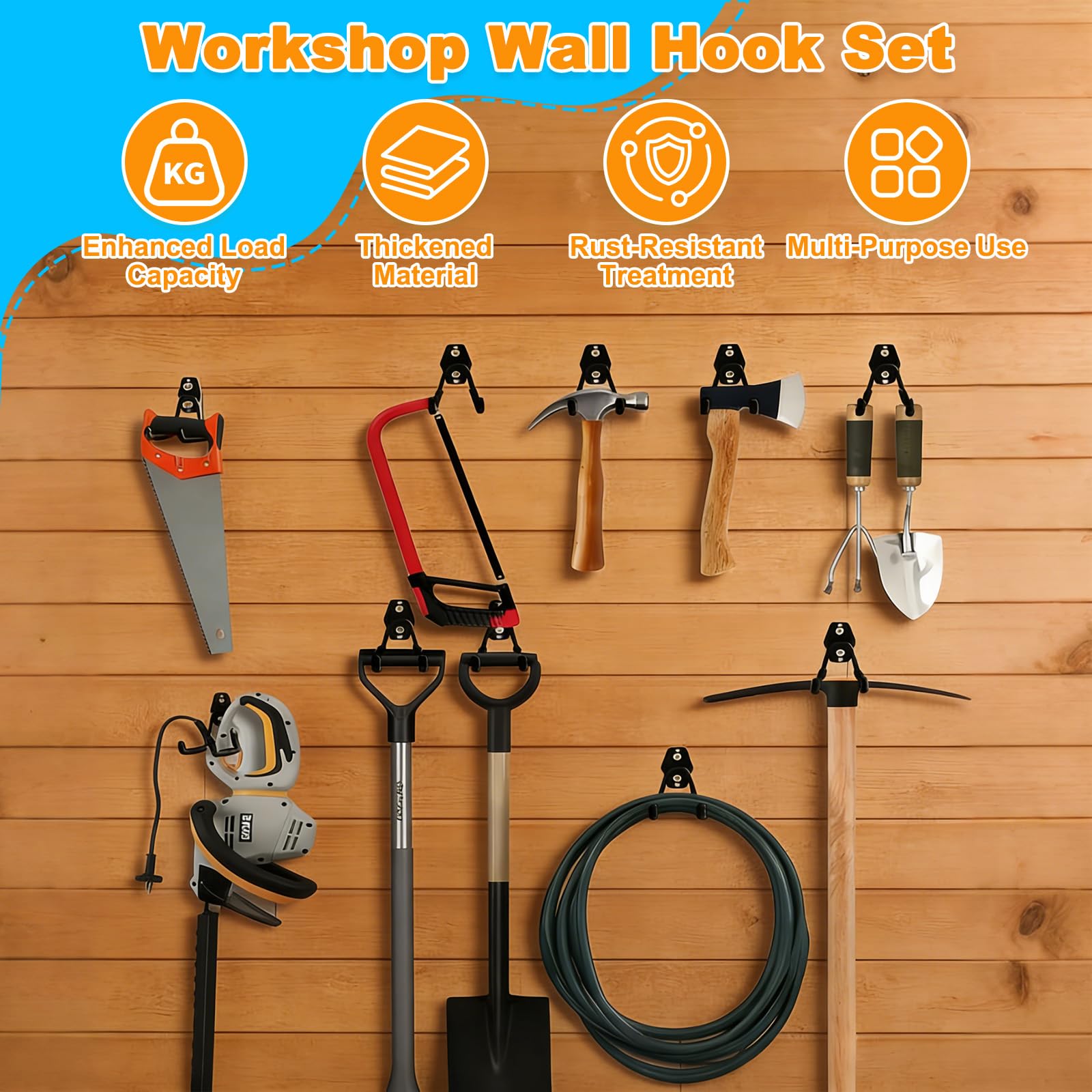 Set di ganci da 16 pezzi, ganci da parete con rivestimento antiscivolo per carichi pesanti per riporre utensili elettrici, attrezzi da giardino, scale, tubi flessibili