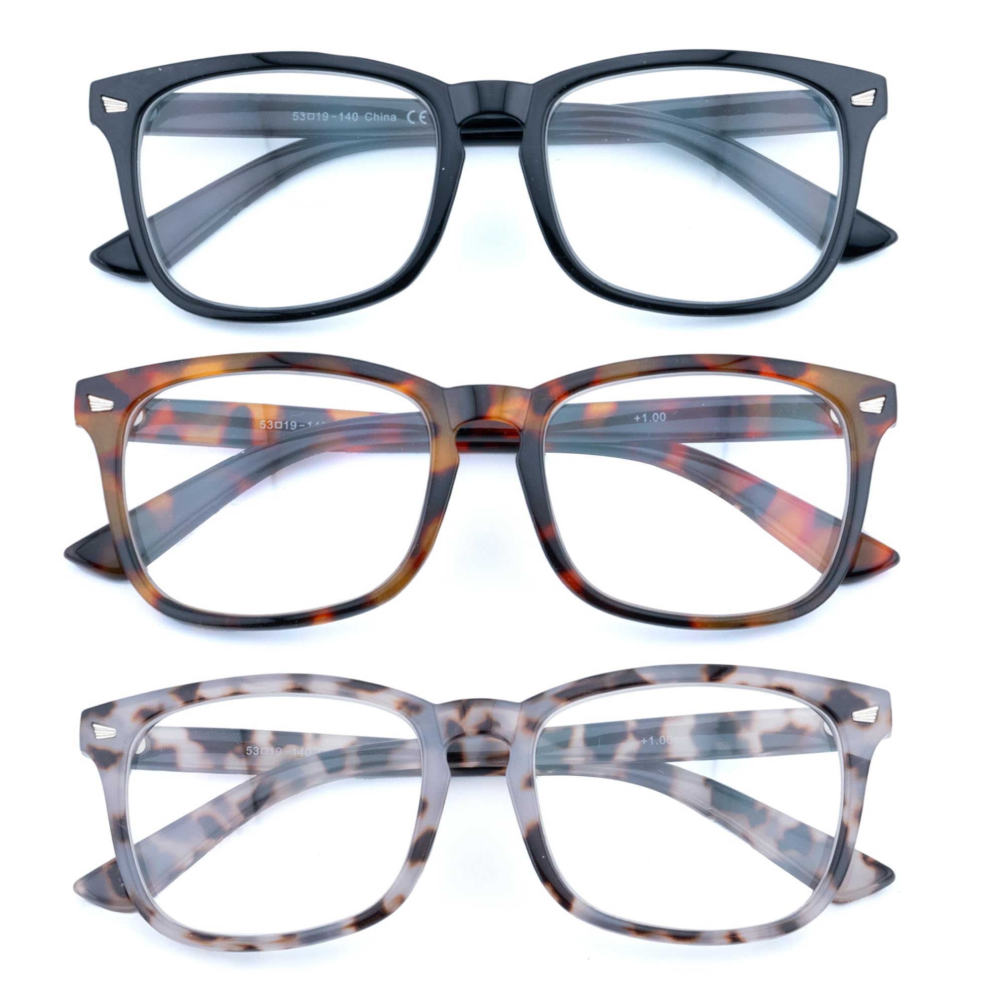 Photo 1 of FEIVSN 3 Pack Reading Glasses for Women Men Full Lens Readers PC Frame Fixed Hinge One Power Eyewear, Black + Brown Tortoiseshell + Pea Color, +1.50