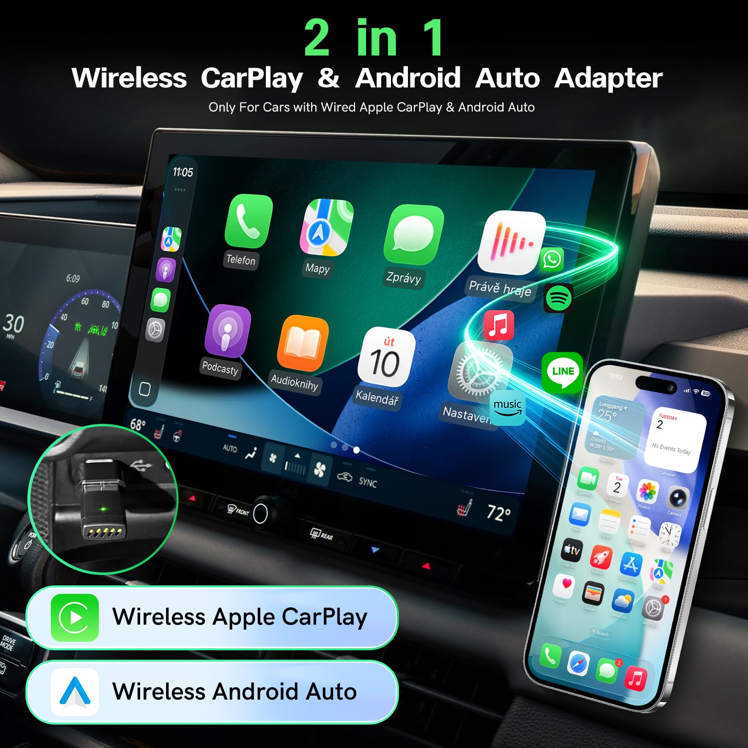 Adattatore wireless CarPlay per iPhone e Android Auto, mini dongle Plug & Play con USB-A e USB-C, converte cablato in wireless CarPlay, compatibile con iPhone e Android, Cars 2016+