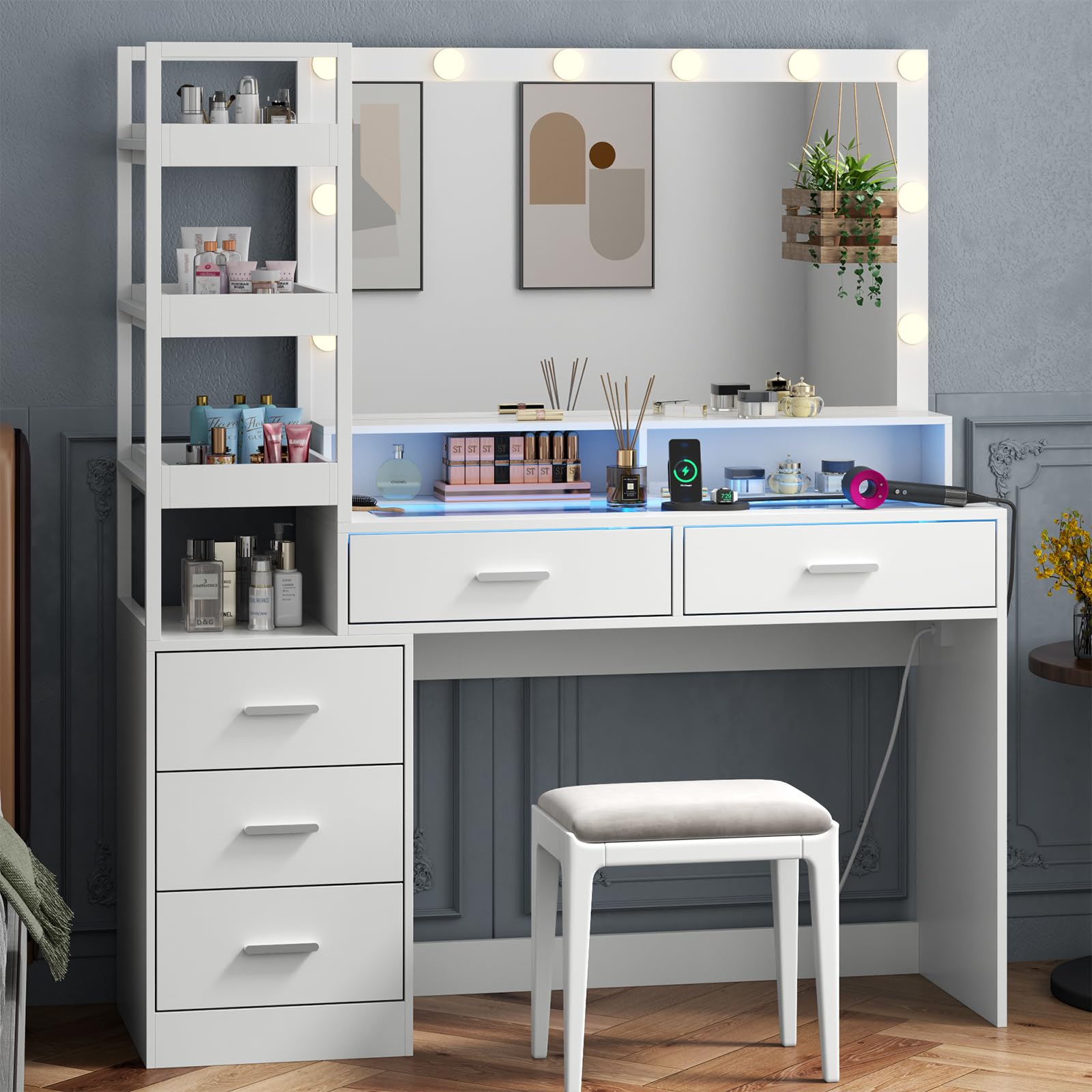 Gyfimoie White Vanity Desk with Mirror and Lights, 8 Drawer Makeup Vanity Table with Glass Top, Power Outlets and RGB Lights, Women & Girls Dressing Table with Lighted Mirror?Stool Not Included?