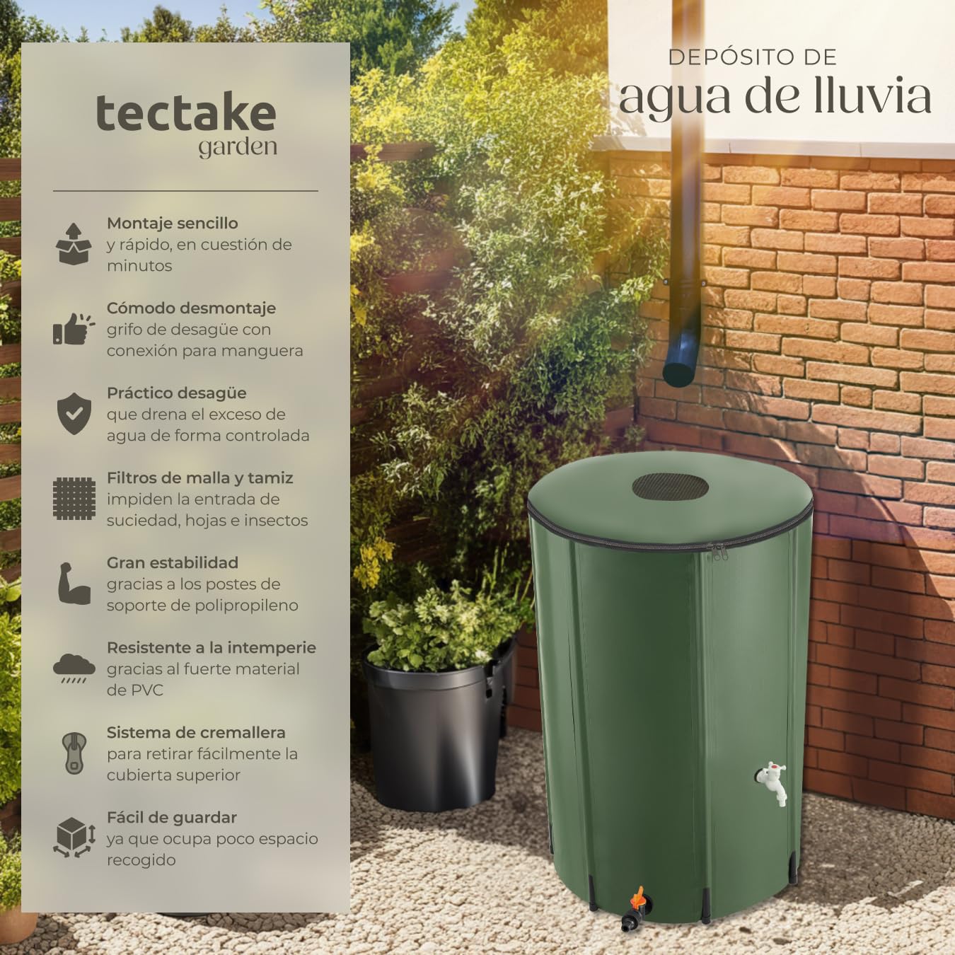 tectake® Deposito Agua Lluvia Plegable, Bidón con Grifo, Bolsa Agua Resistente Intemperie, Accesorios Camping, Garrafa Agua, Supervivencia, Fácil Montaje, Recolección Agua Lluvia - 380 litros
