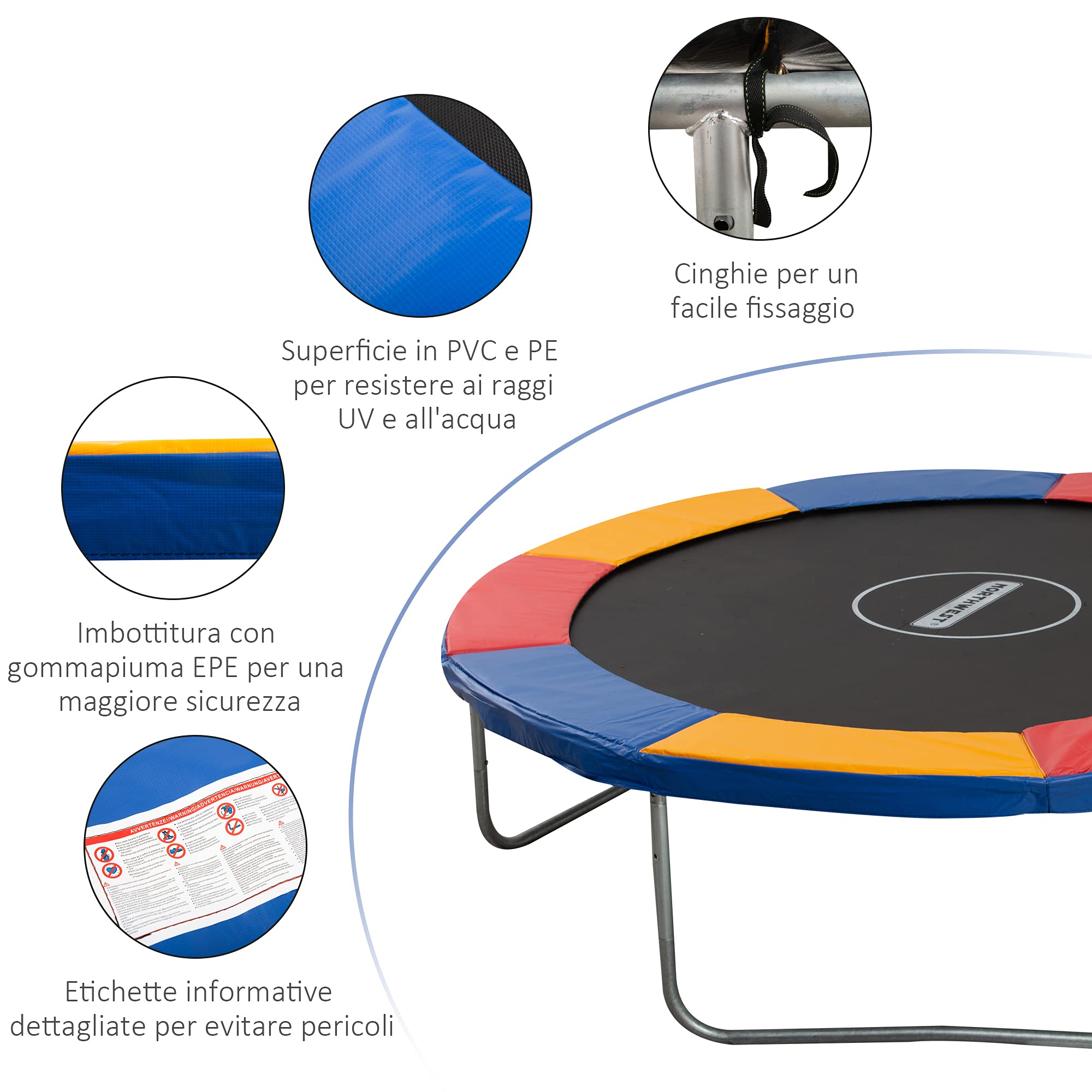 Outsunny HOMCOM Copertura Tappeto Elastico Ø305x1.5 cm Pieghevole e Portatile, Protezione Trampolino da Giardino in Plastica, PE e Schiuma EPE, Rosso, Blu e Giallo