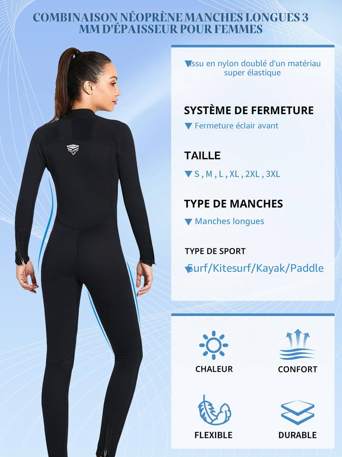 Combinaison Hommes Femmes Combinaisons de Plongée Corps Complet 3mm Néoprène Front Zip Manches Longues Peau de Plongée pour Natation Snorkeling Plongée Surf Rafting