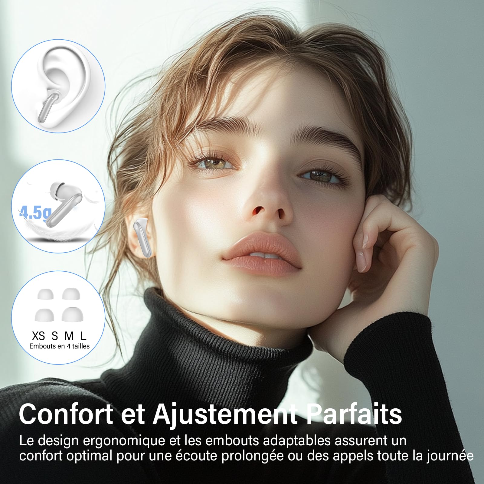 Écouteurs sans Fil à Réducteur de Bruit Hybride, Bluetooth 5.4, Hi-Res Audio Stéréo, 6 Microphones, 49H Autonomie, Charge sans Fil