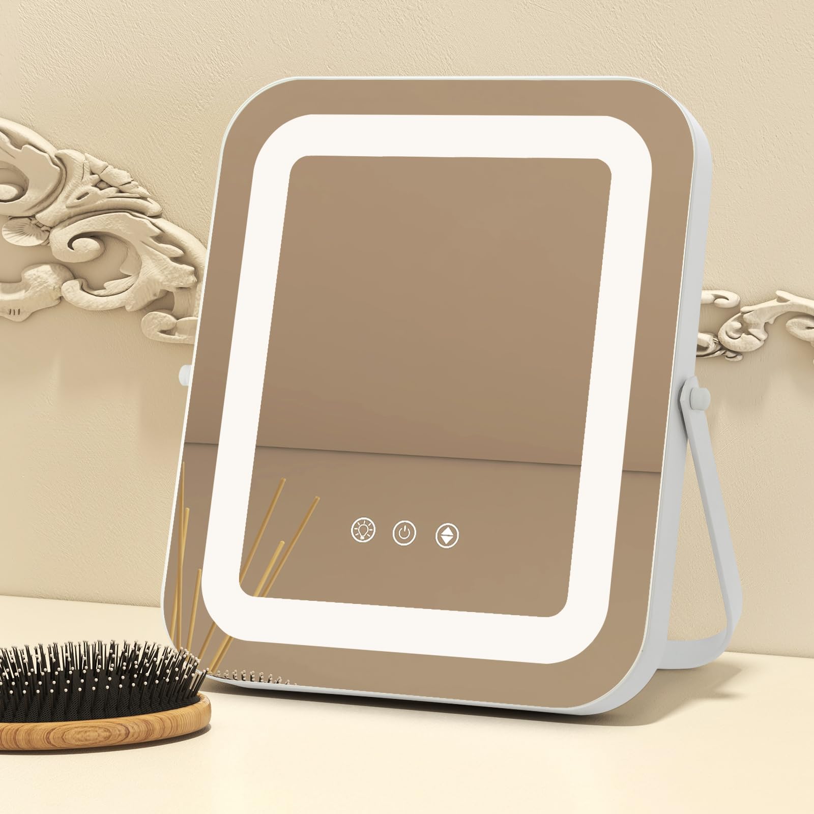COSTWAY Vanity Mirror with Lights, 3-Color Dimmable LED Lighted Tabletop Makeup Mirror with Smart Touch Control, 360° Rotation Stand and Memory Function, Light Up Dressing Table Mirror, 25x30cm, White