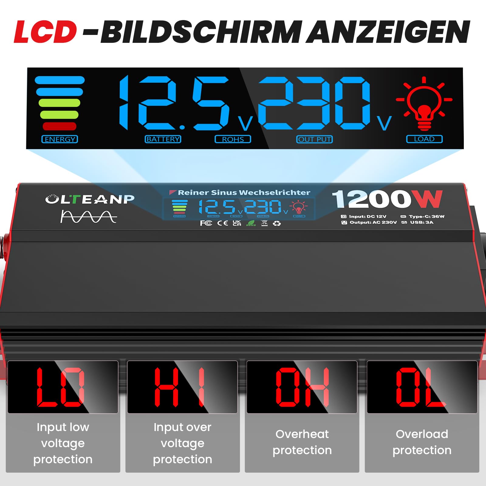 OLTEANP Wechselrichter 12V auf 230V Reiner Sinus,Spannungswandler 1200W Inverter mit LCD-Bildschirmanzeige, AC-Steckdosen, 36W Typ-C-Anschluss, 5V/3A USB-Anschluss für LKW,Zuhause,Fahrzeuge