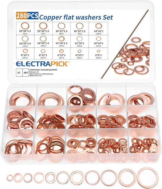 ELECTRAPICK 12 Sizes 280pcs-O Ring Washers Set, Flat Ring Seal Copper Gasket Kit Hardware with Plastic Box, M5-M14 Metal Washers Round Spacers Assortment for Home
