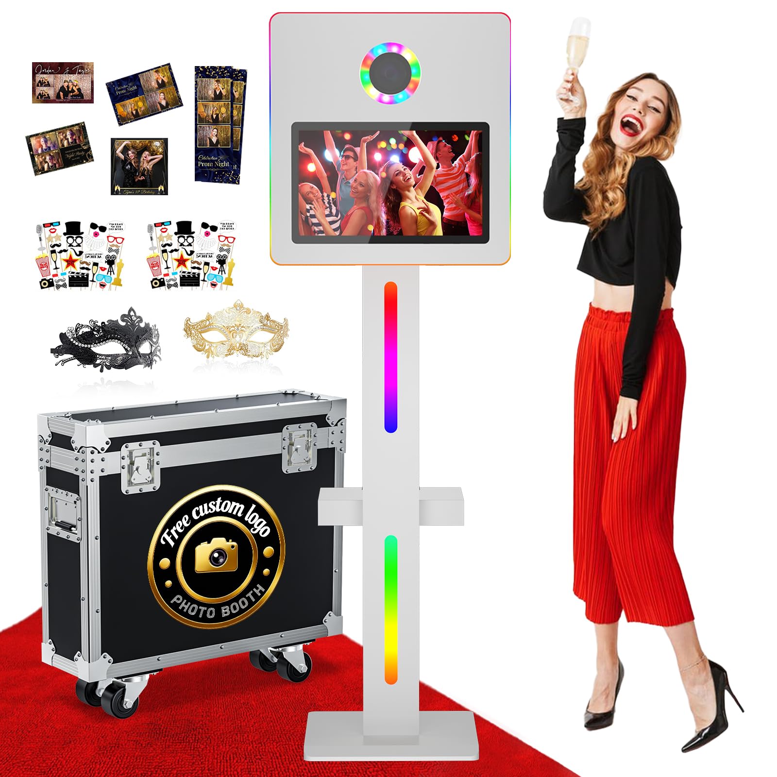 DSLR Photo Booth Built-in Mini PC and Flight Case, Mirror Photo Booth with 15.6" Touch Screen,RGB Lights,App Control, for Parties Weddings Event Rentals (White)