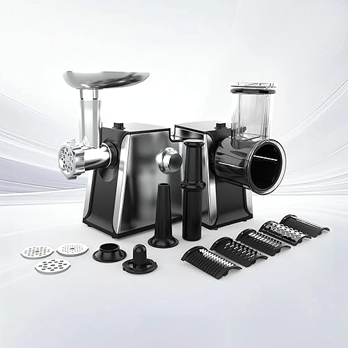 Miniatura 9 de Picadora eléctrica de carne de 2800 W, máquina de relleno de salchichas, trituradora de verduras 4 en 1 con 3 rebanadas, cuchillas trituradoras, 5