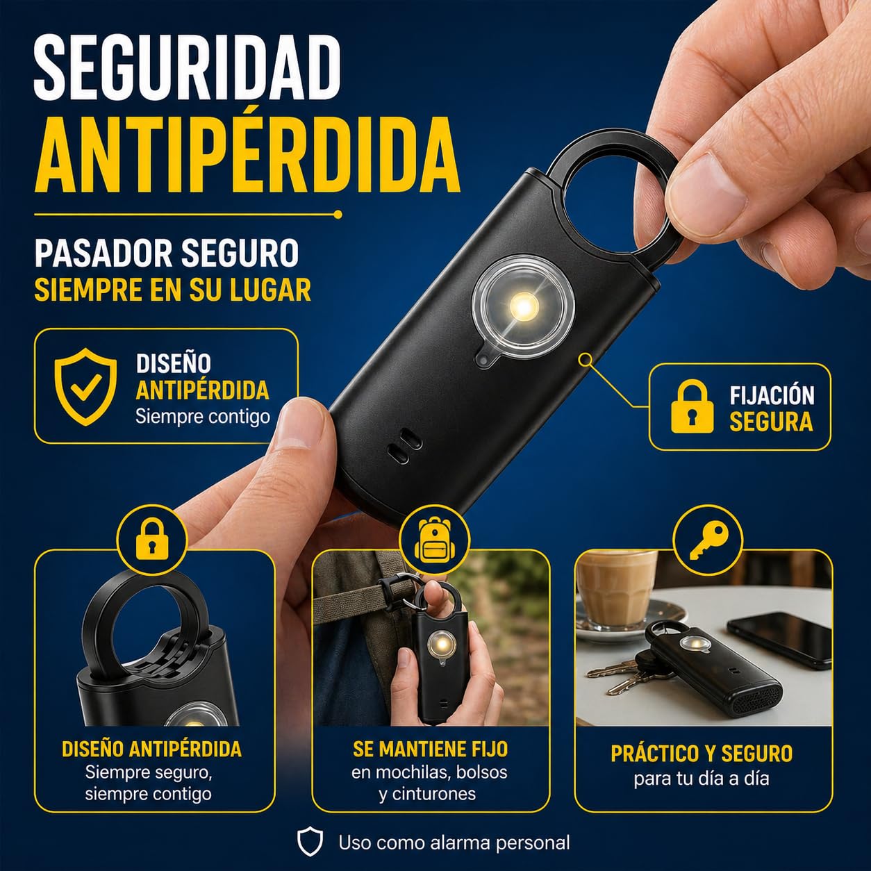 Voltek News Kit Alarma Metal Pestillo de Seguridad Mujer Defensa + Detector Puerta y Ventana Autodefensa Auto Alarma Mini Independiente + Silbato Emergencia Personal Lámpara Potente 135 DB, USB-C