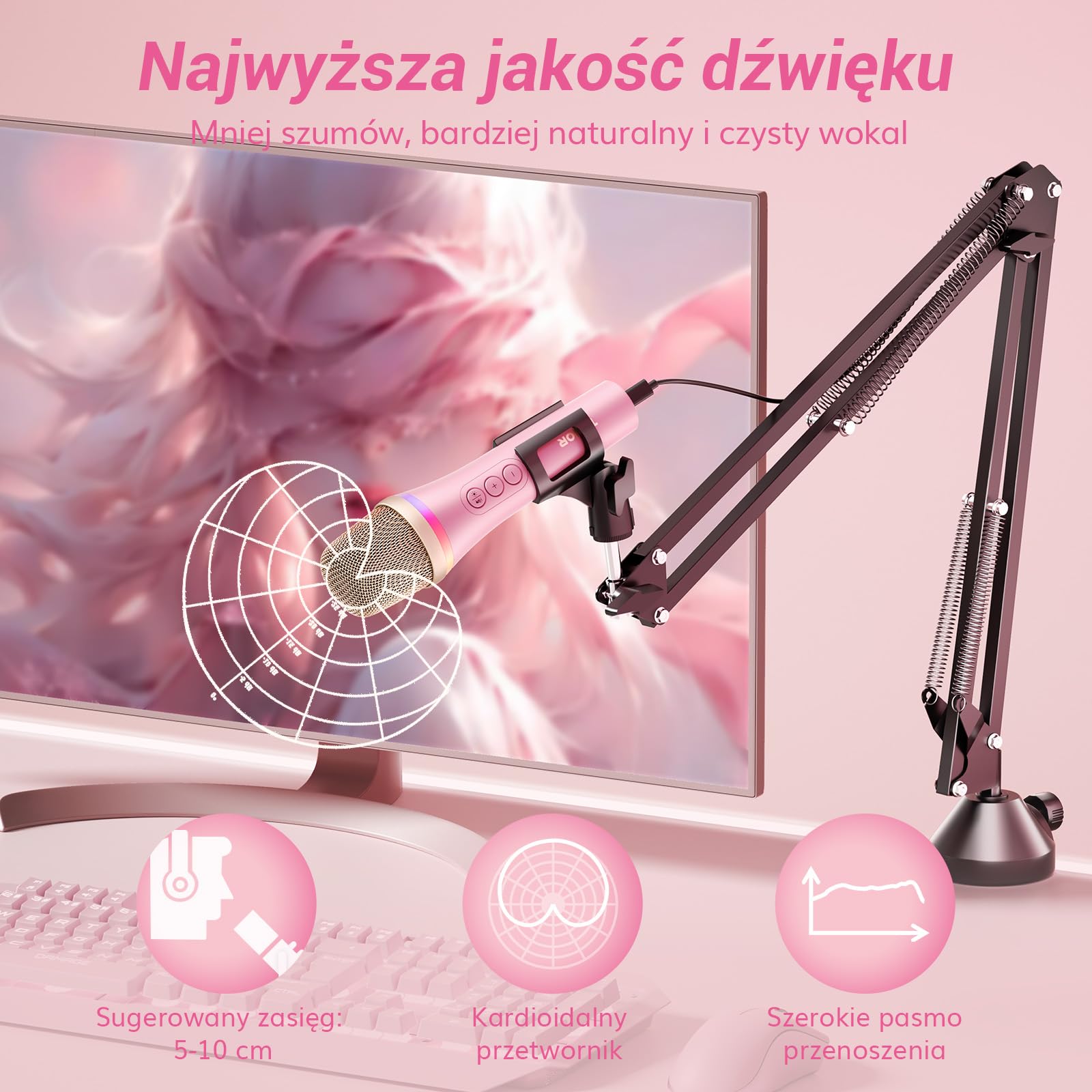 TONOR Mikrofon dynamiczny USB/typ C do komputera PC, RGB mikrofon do gier komputerowych do podcastów nagrywania, na żywo, przesyłania strumieniowego, YouTube, śpiewu, studia, karaoke Mikrofon różowy