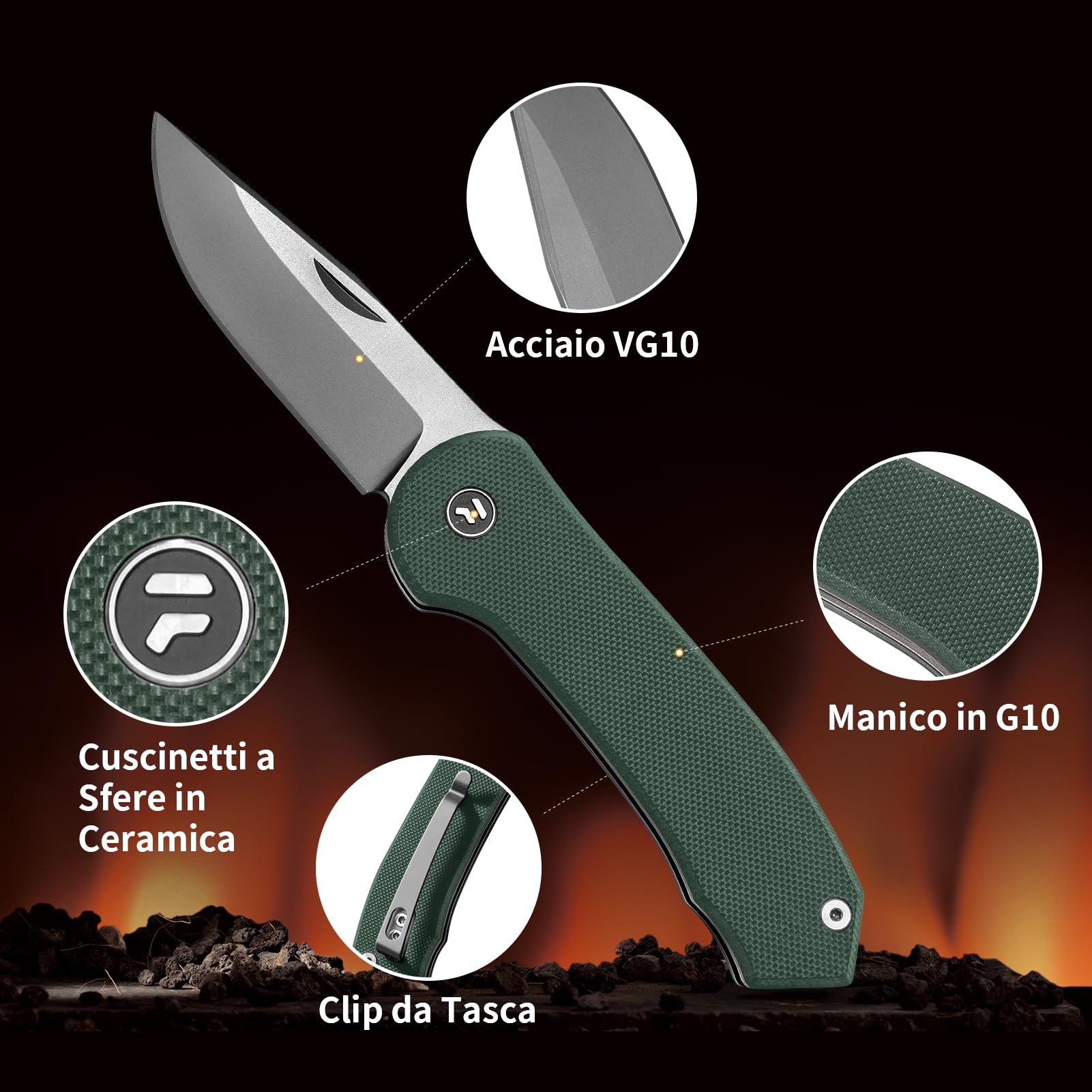 7,25 cm Coltello Tascabile, Coltello Pieghevole con Manico G10 e Lama in Acciaio VG10, Clip Da Tasca Per Trasporto Profondo, Coltelli Pieghevoli,Coltelli Da Tasca,Per Uomo Regalo,Verde