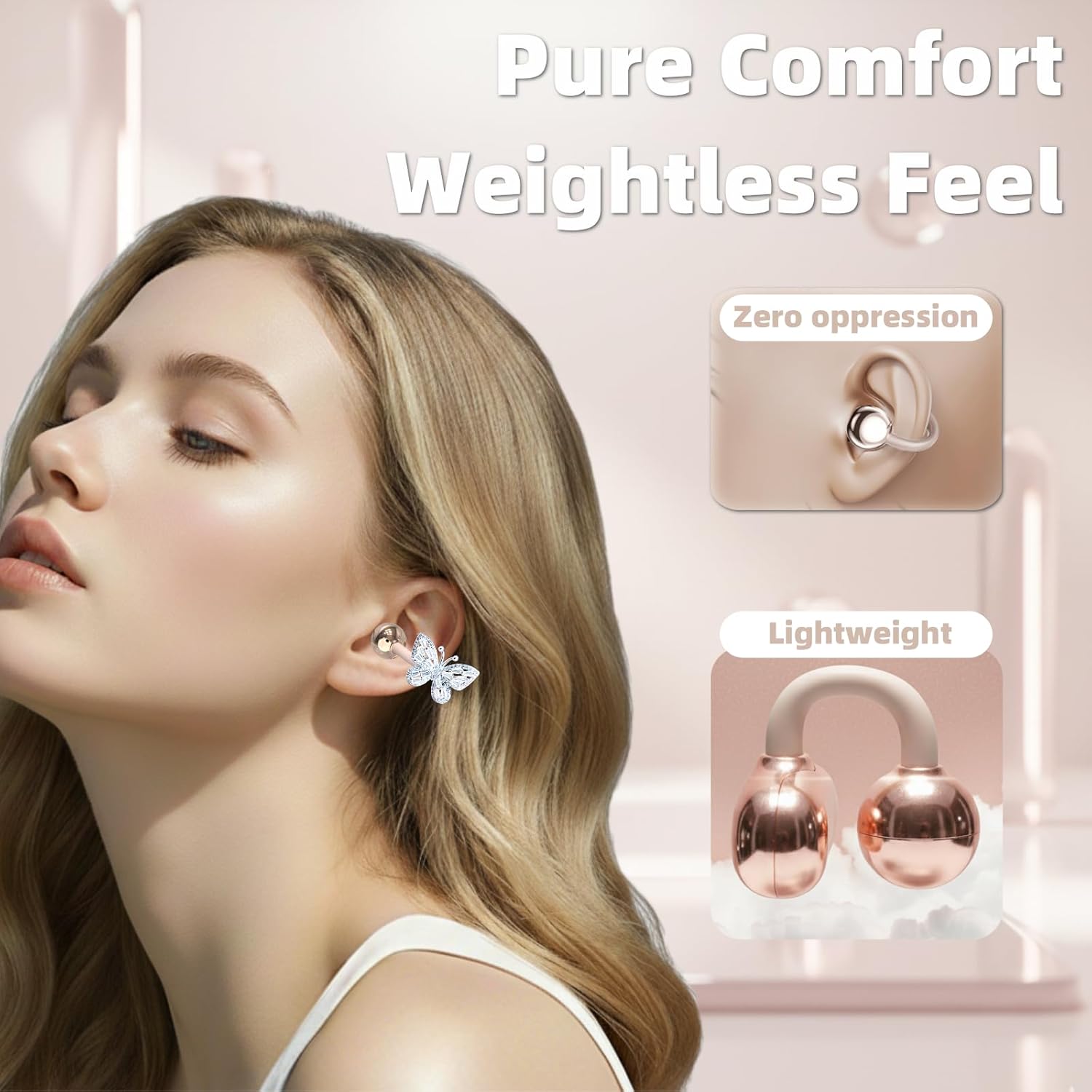 Clip On Earbuds Jewelry, Open Ear Headphones Wireless Bluetooth Earring Clip-On Headphones, Fit Ears Cuff Headphones for Women, Jewelry Earring Earbuds for Work, Run & Sleep