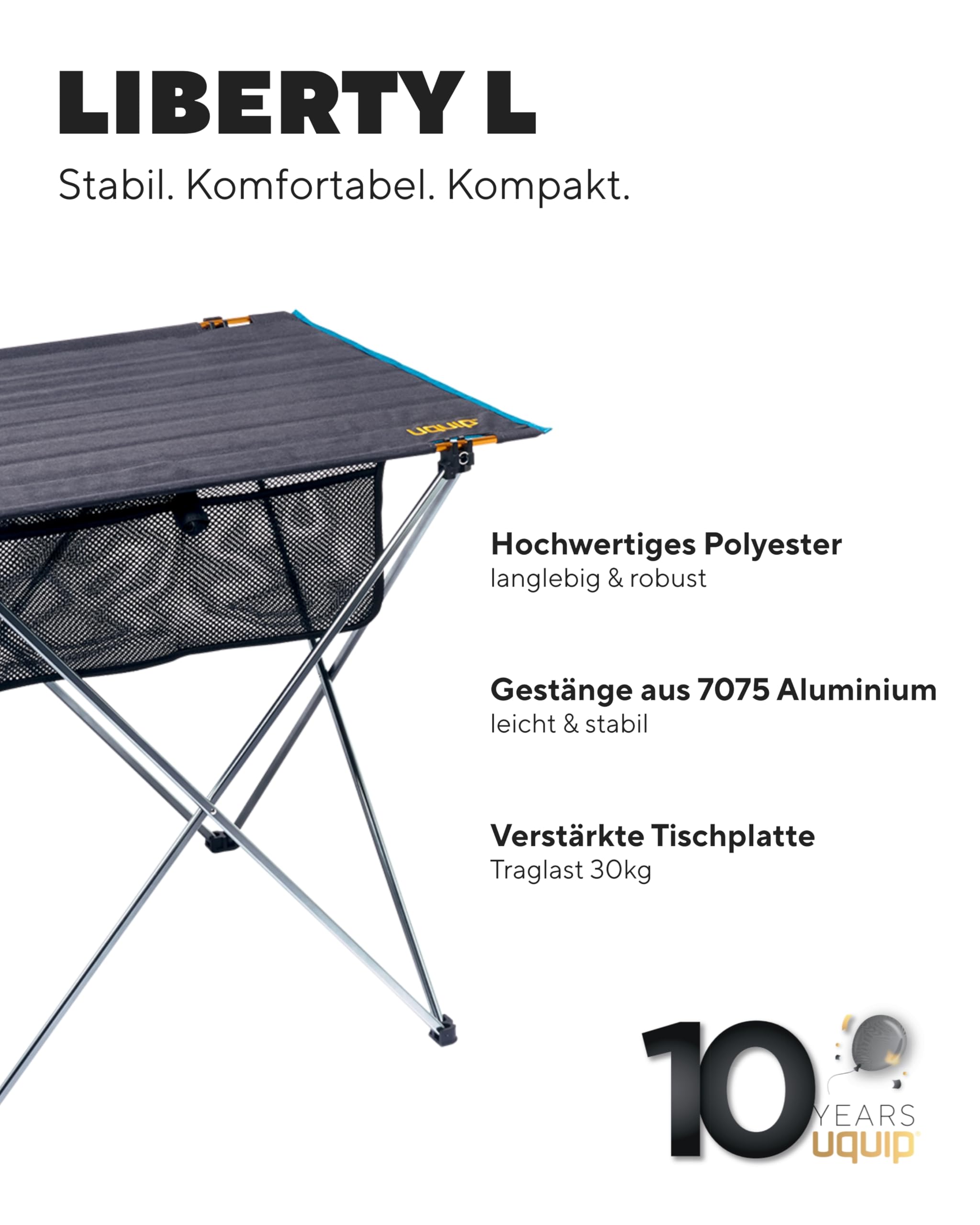 Uquip Campingtisch Liberty L Grey I 58 x 65 x 80 cm I kompakter Falttisch mit 30 kg Traglast I Leichter Klapptisch aus Aluminium I tragbarer Outdoor-Tisch für Camping, Picknick, Festivals & Garten