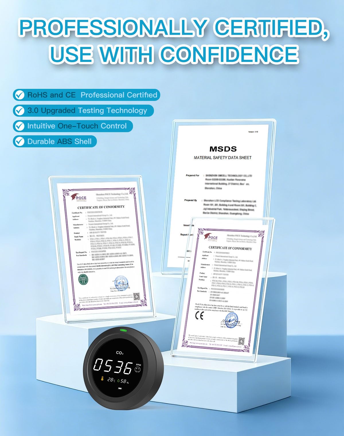 Détecteur CO2, LifeBasis Moniteur de Qualité de l'Air avec Écran LCD, Capteur NDIR, Détecteurs de CO2, Température et Humidité,0-5000 PPM, pour Maison/Bureau/Salle de Sport/Voiture