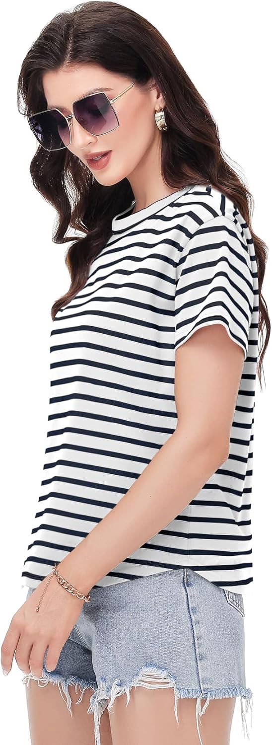 PEHEMA Women's Cotton Striped Short Sleeve T-Shirt - Soft Crew Neck Casual Summer Tops for Work Weekend - Image 4