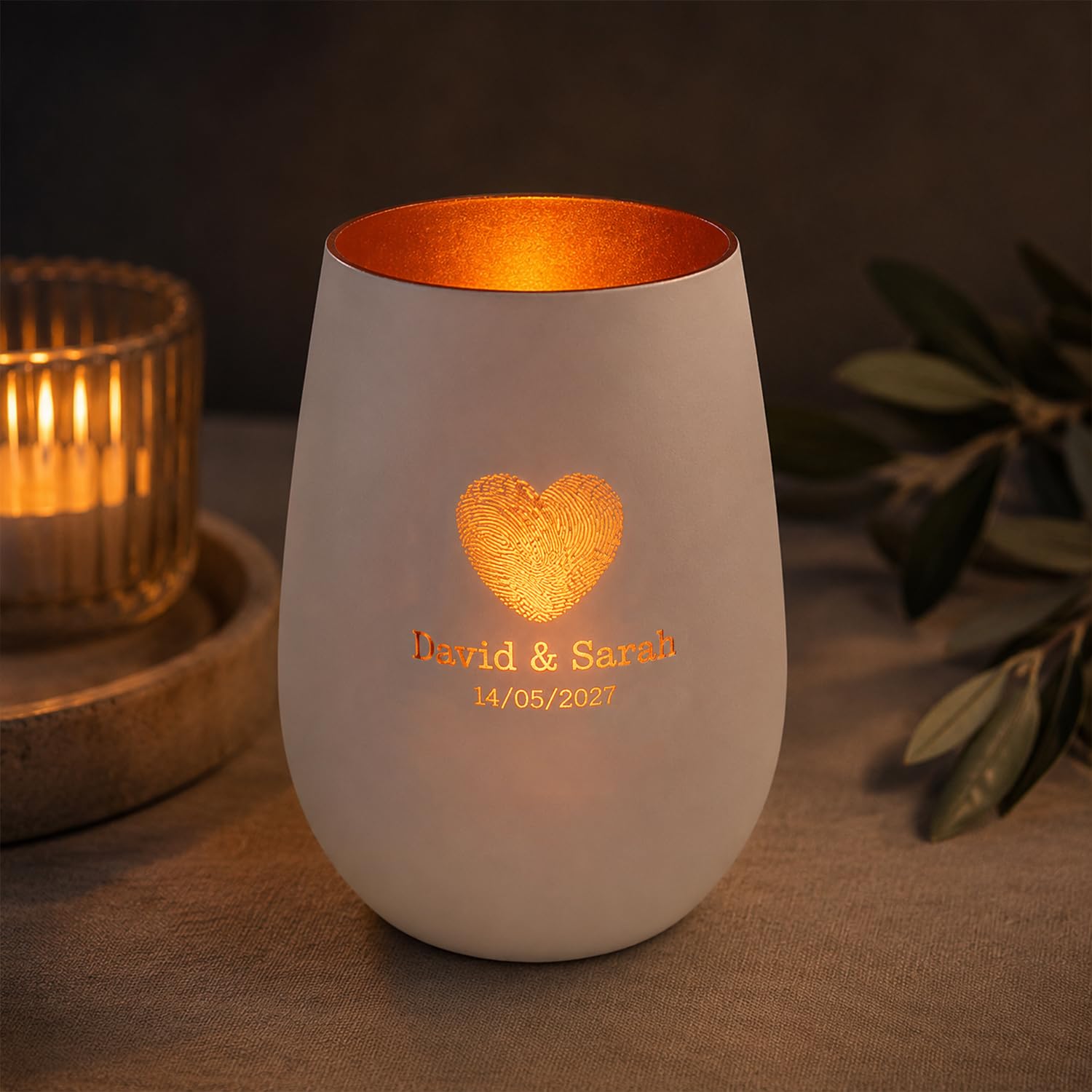 Wanapix | Portacandele inciso | Vetro personalizzato | Candela inclusa | Lampada a candela regalo originale | Disponibile in bianco o nero | Impronta digitale