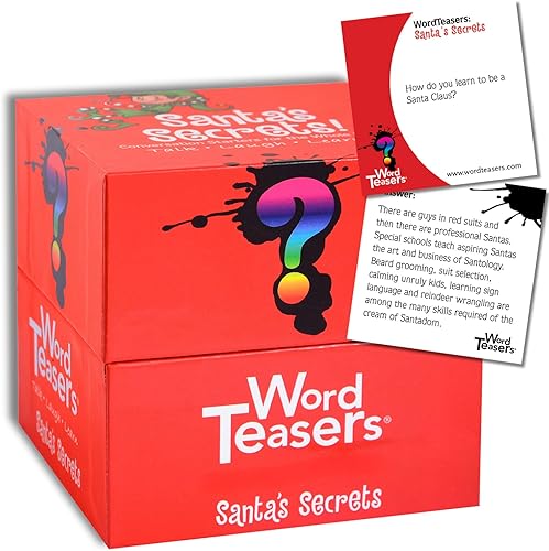 WORD TEASERS Santa's Secrets - Juego de preguntas familiares con tarjetas de conversación de vacaciones y juego de fiesta, 150 cartas de trivia