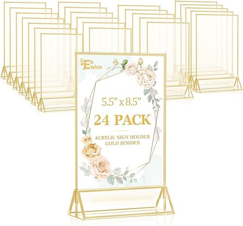 Miniatura 20 de EHWINE Paquete de 12 Portaletreros de Acrílico de 4 x 6 pulgadas, Marco de Fotos Dorado de Doble Cara con Soporte de Mesa, Portaletreros