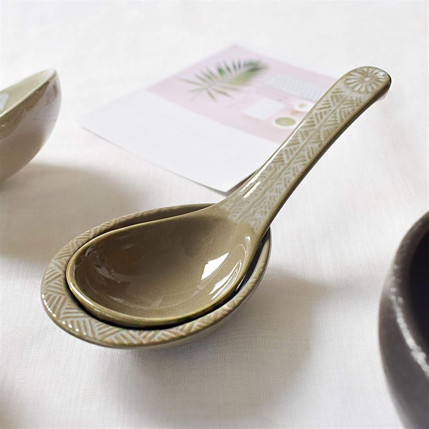 Scoop Cute Household Ceramic Long Handle Small Soup Spoon Retro Creative Porcelain Soup Spoon with Spoon Holder Soup Spoon (Color : C)