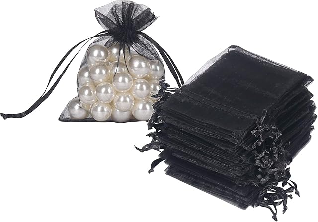 100pcs Black Organza Bags Small, 8x10cm Jewellery Pouches Drawstring Mesh Gift Bag for Wedding Party Favours Confetti Baby Shower