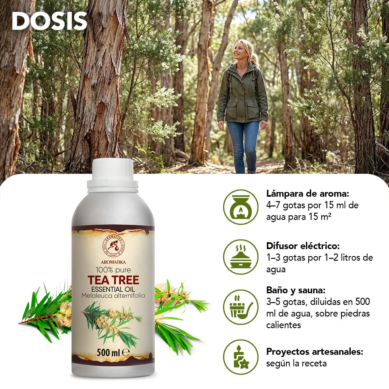 Aceite Esencial de Árbol de Té 500 ml - Melaleuca Alternifolia - Natural y Puro - Aceites Esenciales para Difusores - Fragancias para el Hogar - Jabones y Velas - Sauna - Aroma fresco - Aromaterapia